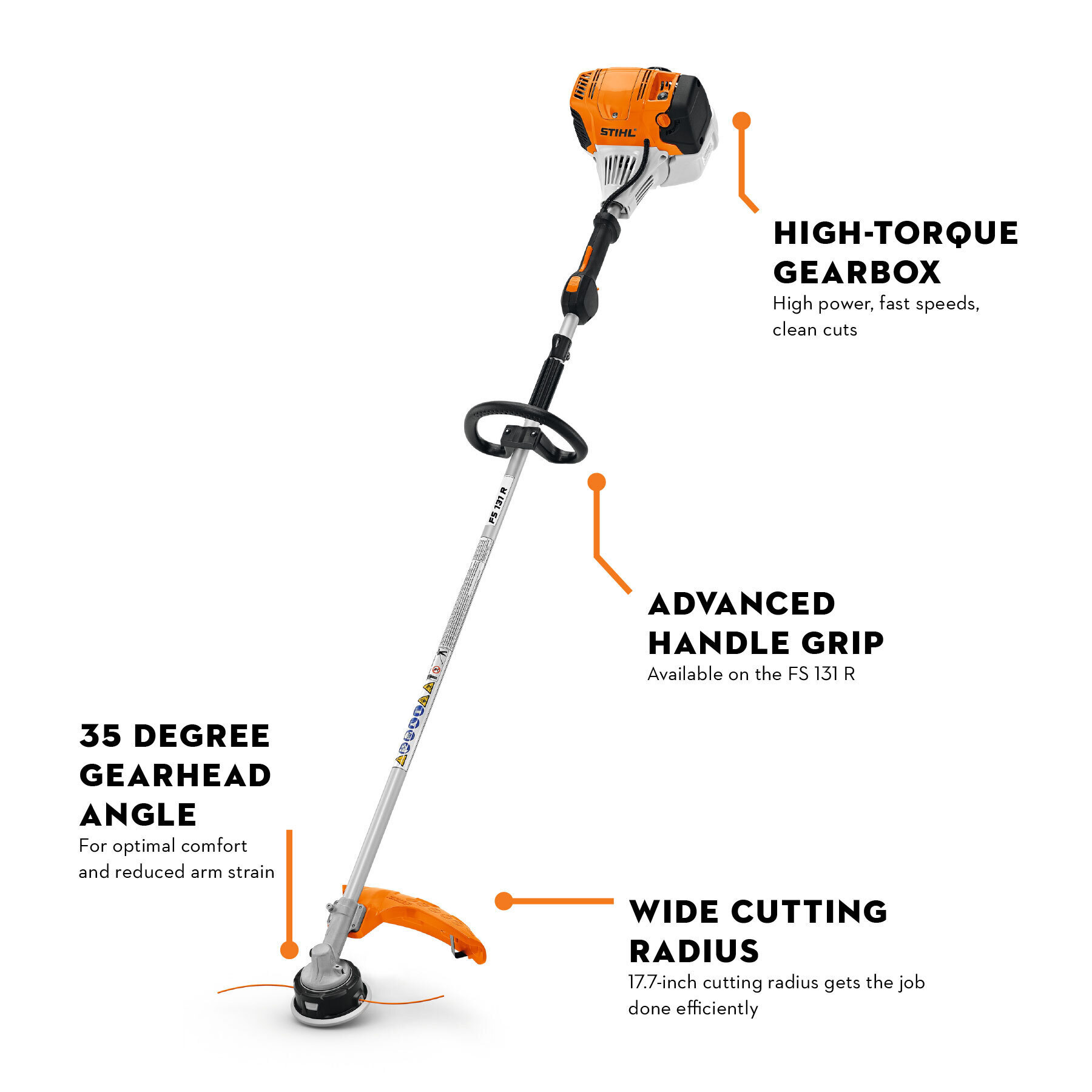 STIHL FS 131 R trimmer with callouts for high-torque gearbox, advanced handle grip, 35-degree gearhead angle, and wide cutting radius.