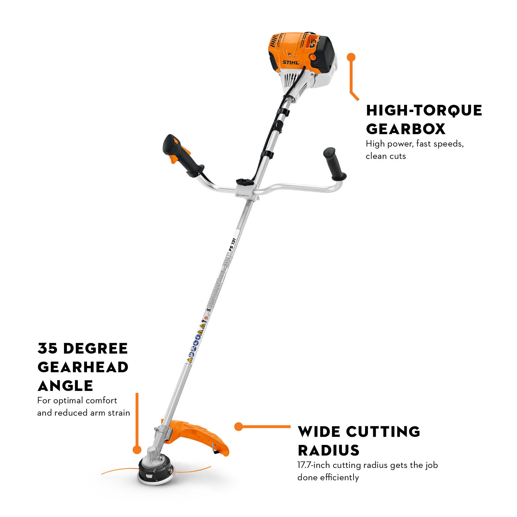 STIHL FS 131 trimmer with callouts for high-torque gearbox, 35-degree gearhead angle, and wide cutting radius.