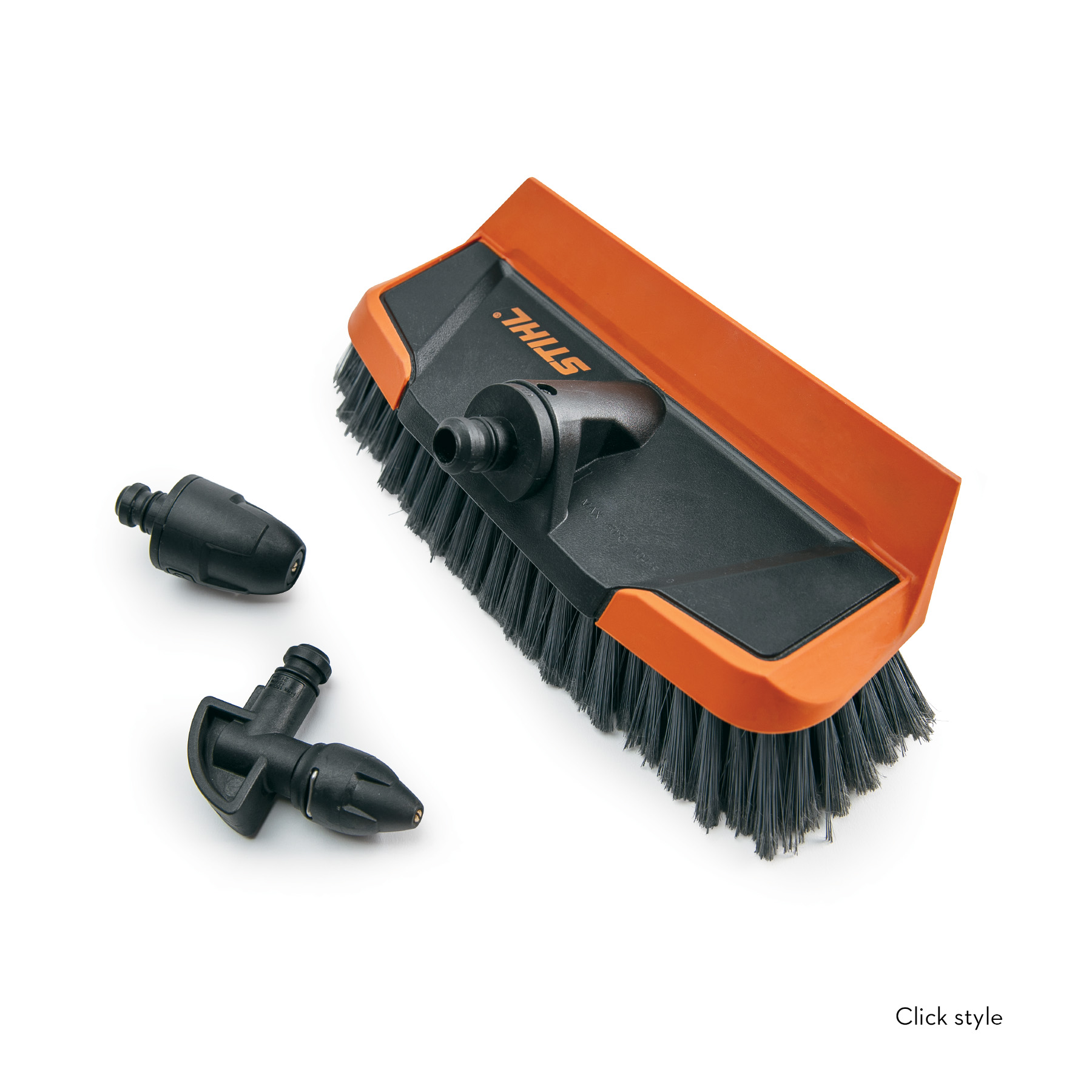 STIHL Vehicle Cleaning Kit click style for STIHL electric pressure washers featuring a wash brush, angled nozzle, and flat-jet nozzle