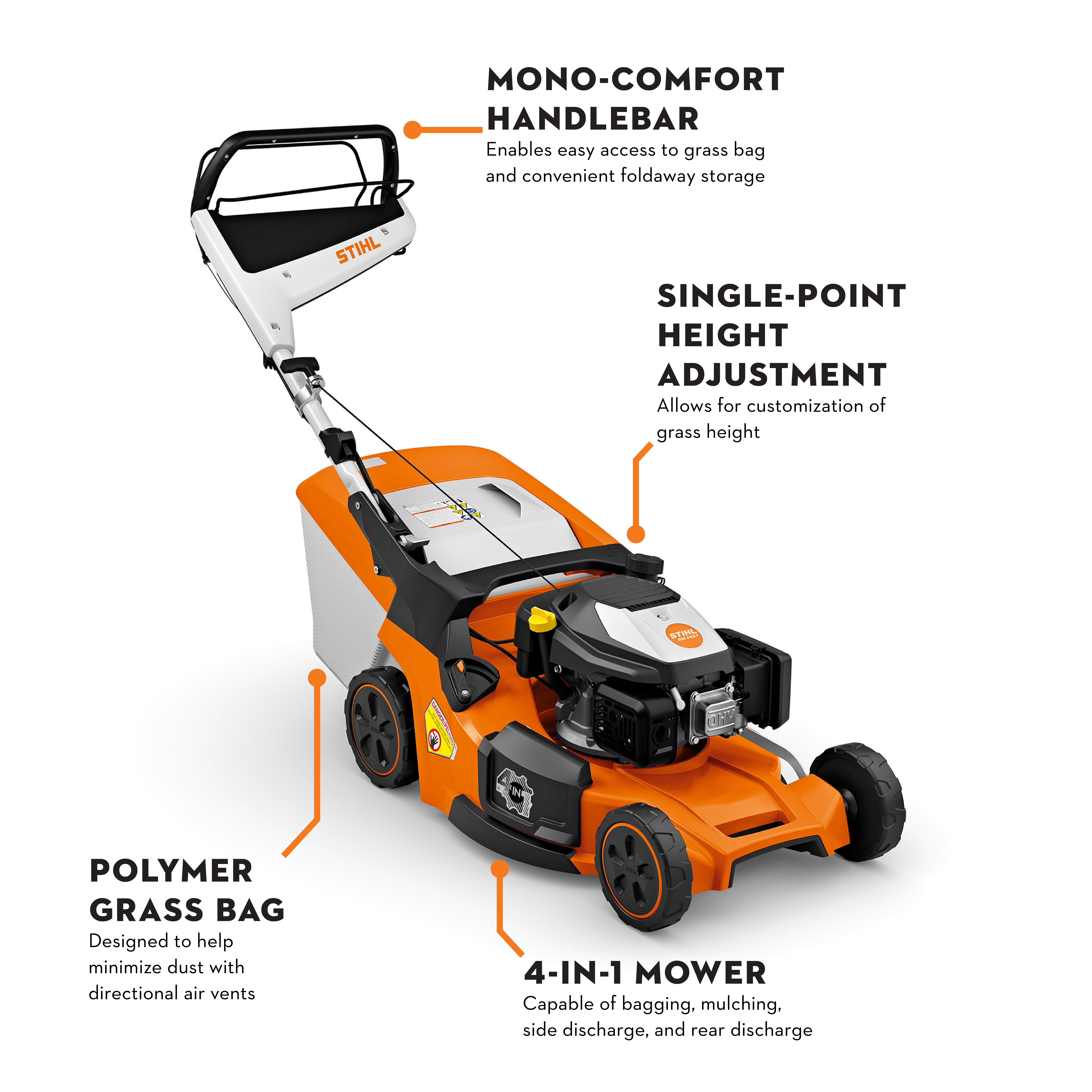 Diagram of the RM 453 V that points out the following features: mono-comfort handlebar, single-point height adjustment, polymer grass bag and 4-in-1 mower
