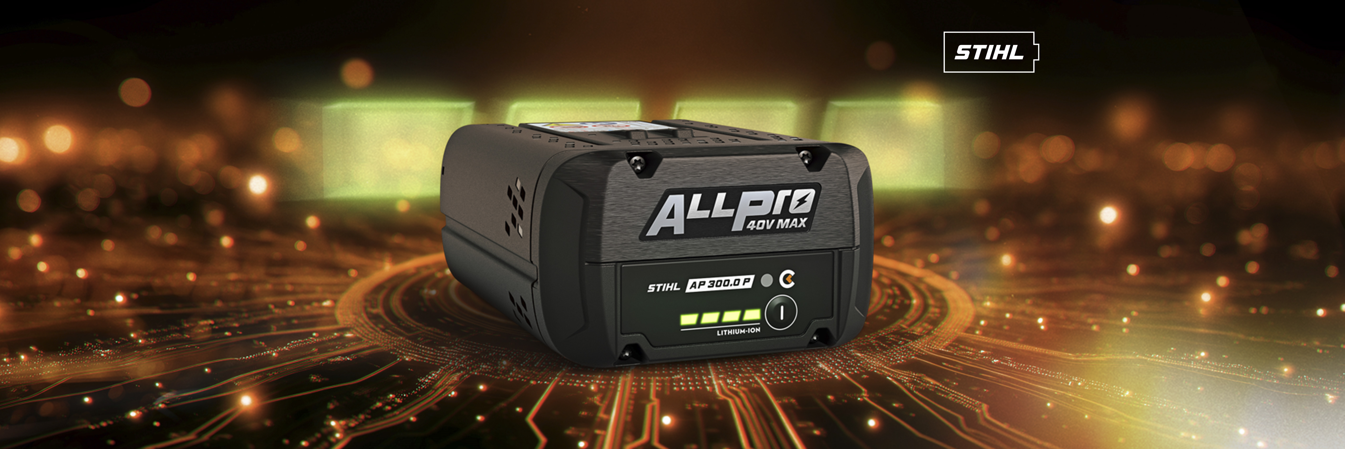 STIHL ALLPRO AP 300 P C battery placed on a glowing circuit-board background with the STIHL battery logo in the corner.