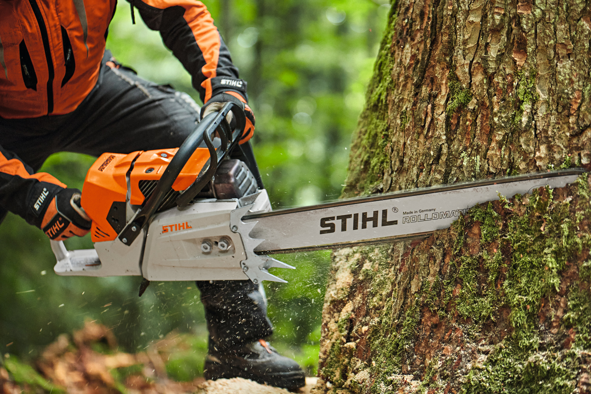 STIHL MS 881 Chainsaw Cutting Through a Tree