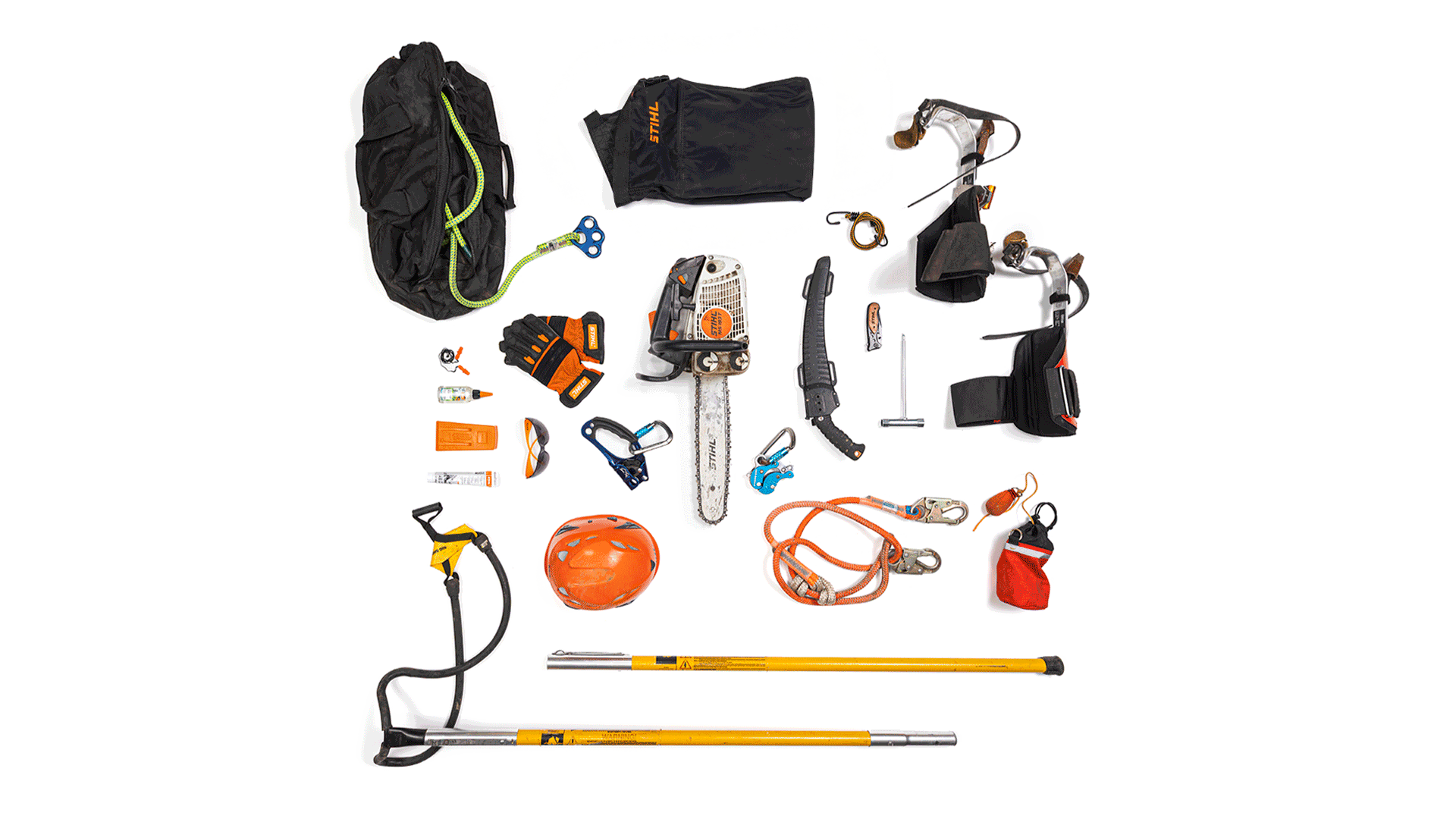 Knolling Image of Essential Arborist Gear Including STIHL Products