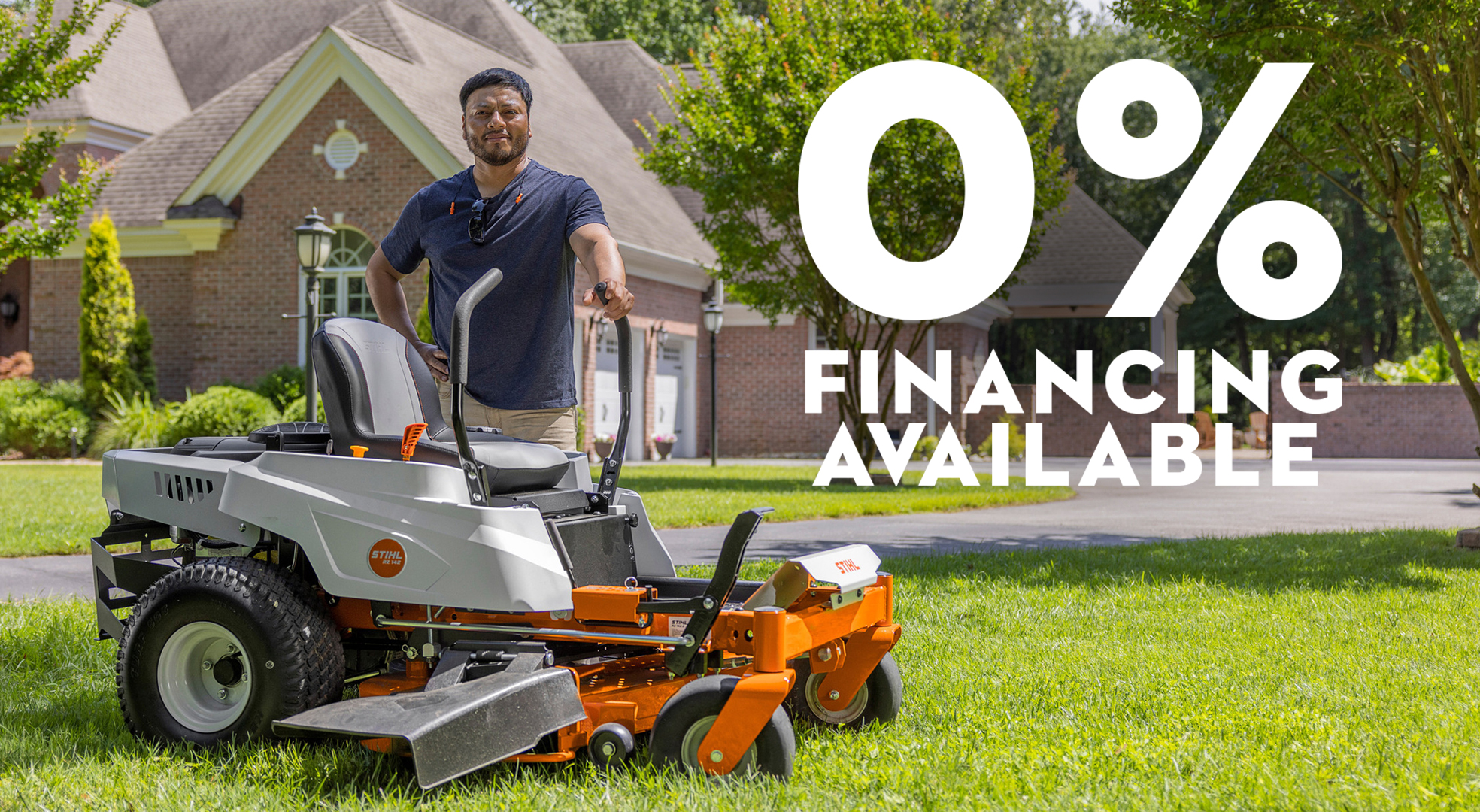Homeowner standing beside a STIHL zero-turn mower on a lawn next to a 0% financing offer.