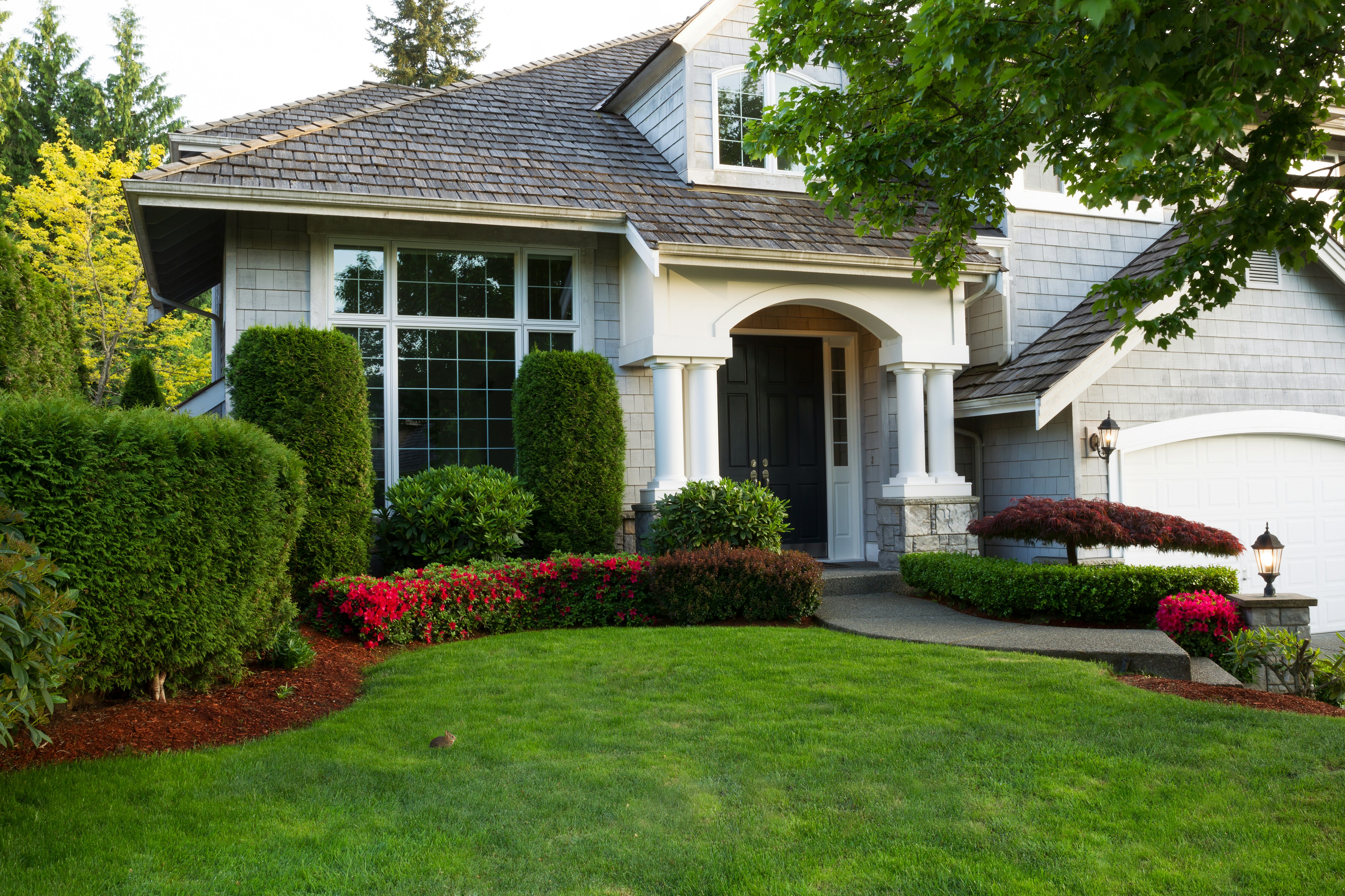 Beautiful White Home with Manicured Lawn and Landscaping