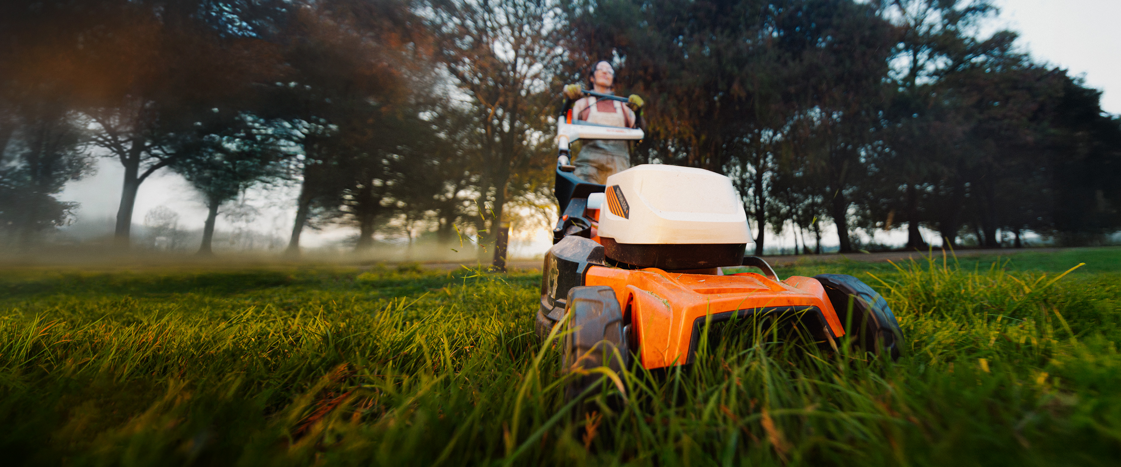 Person pushing a STIHL lawn mower through tall grass with trees in the background, viewed from a low angle.