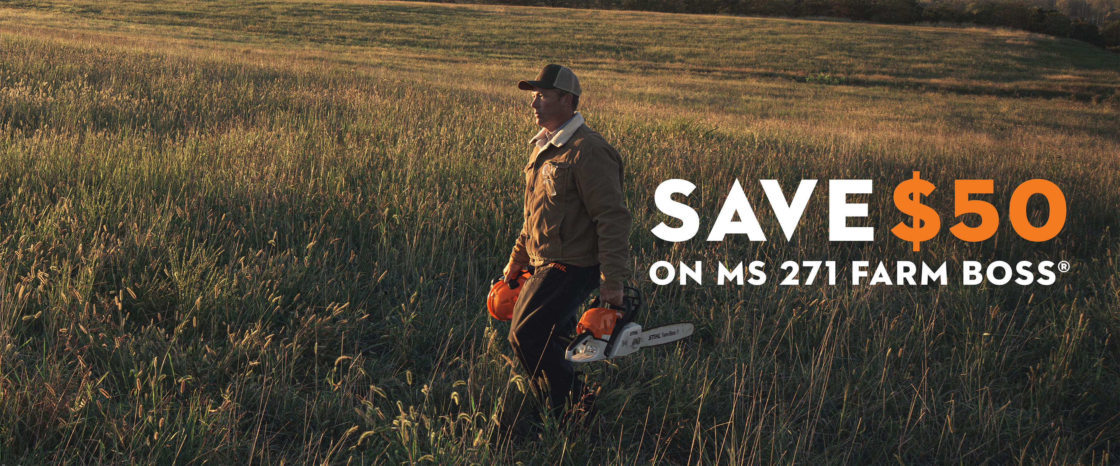 STIHL fall savings promotion featuring a person operating a chainsaw with messaging highlighting up to $50 off select chainsaws, blowers, and pruner sets.