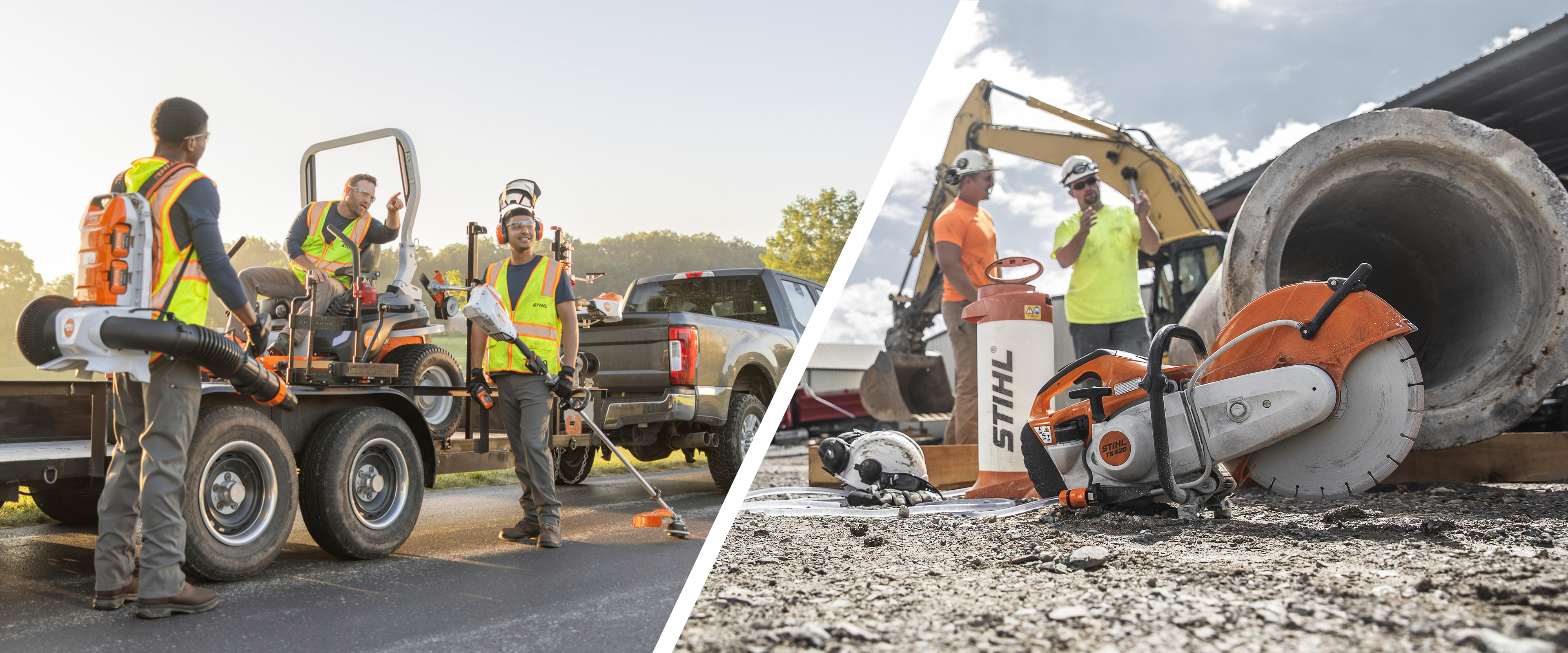 STIHL commercial landscape equipment in use by professional landscaping and construction teams to maintain properties, parks, and outdoor spaces.