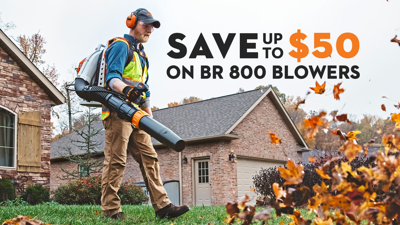 Person using a STIHL BR 800 backpack blower during fall yard cleanup with promotional messaging highlighting up to $50 in savings.