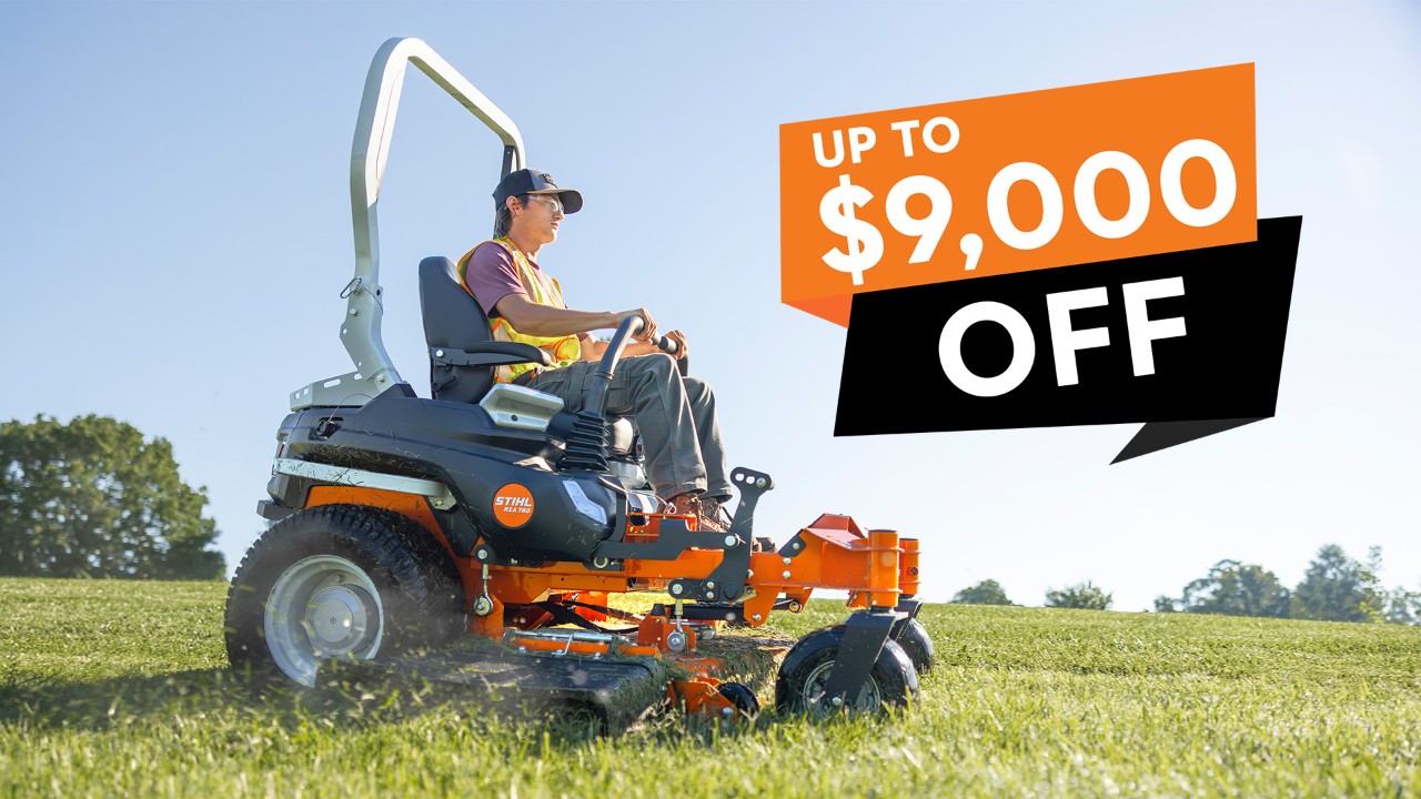 Side view of a person operating a STIHL RZA 7 Series zero-turn mower on a grassy field with an “Up to $9,000 Off” promotional graphic