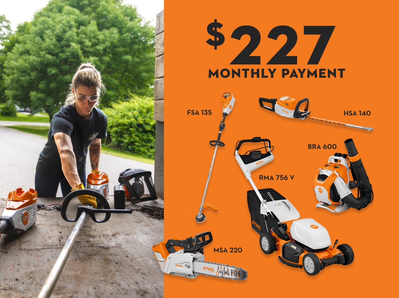 A person outdoors with STIHL tools, including a battery‑powered walk‑behind mower, an FSA‑series trimmer, and a promotional graphic featuring additional tools such as an AP‑system backpack blower, a chainsaw, a hedge trimmer, a string trimmer, and a mower, alongside a $227 monthly payment offer.