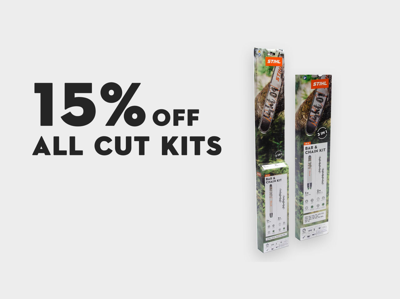 Graphic highlighting 15% off all STIHL Cut Kits. Image of two cut kits.