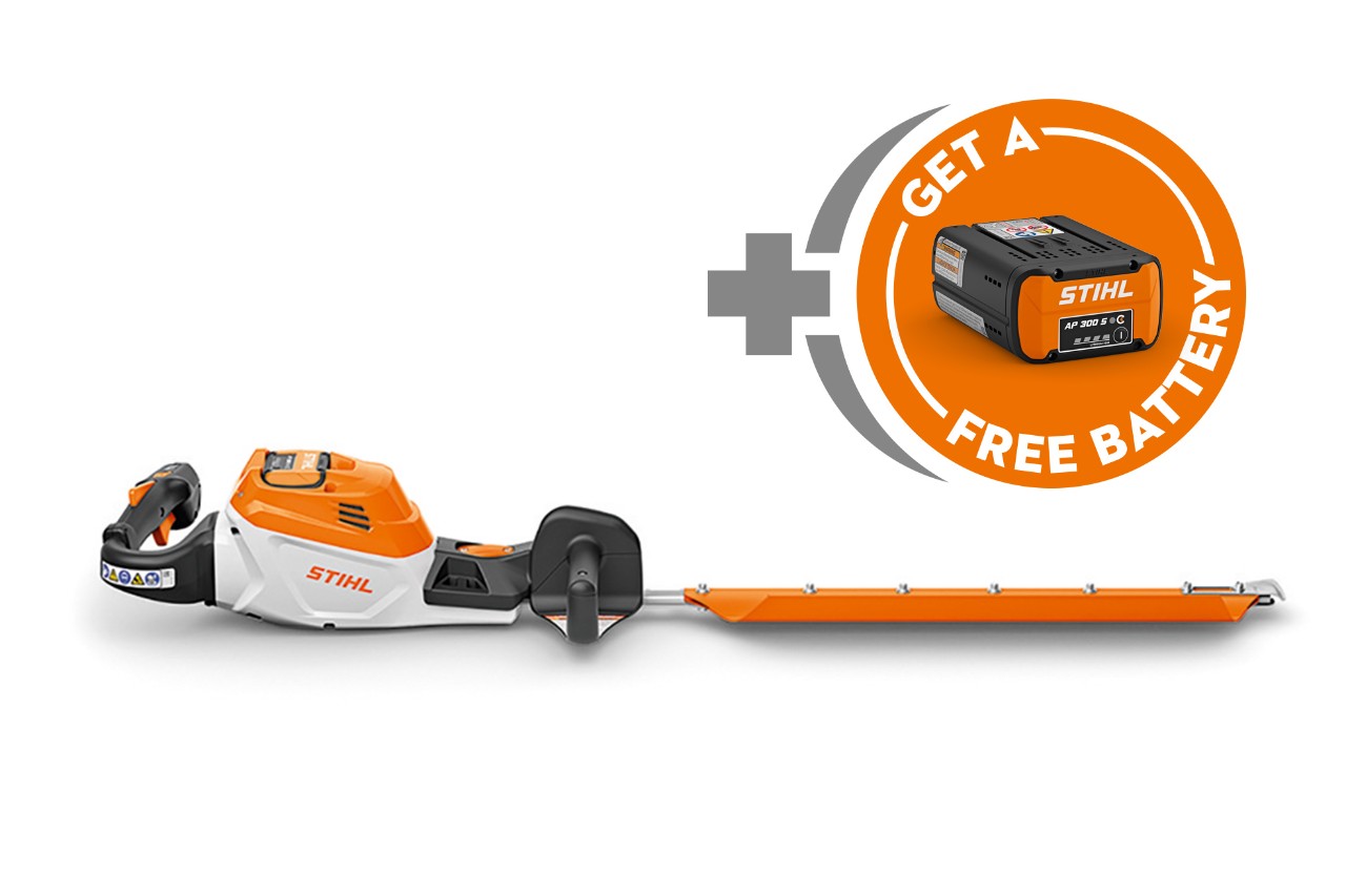 STIHL professional battery-powered hedge trimmer displayed with a free AP battery.