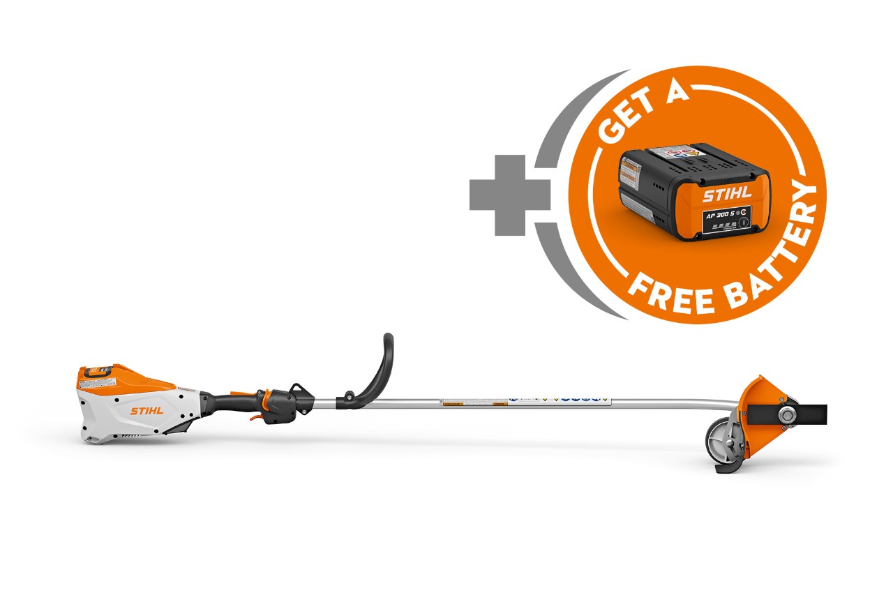 STIHL professional battery-powered edger shown with a free AP battery offer.