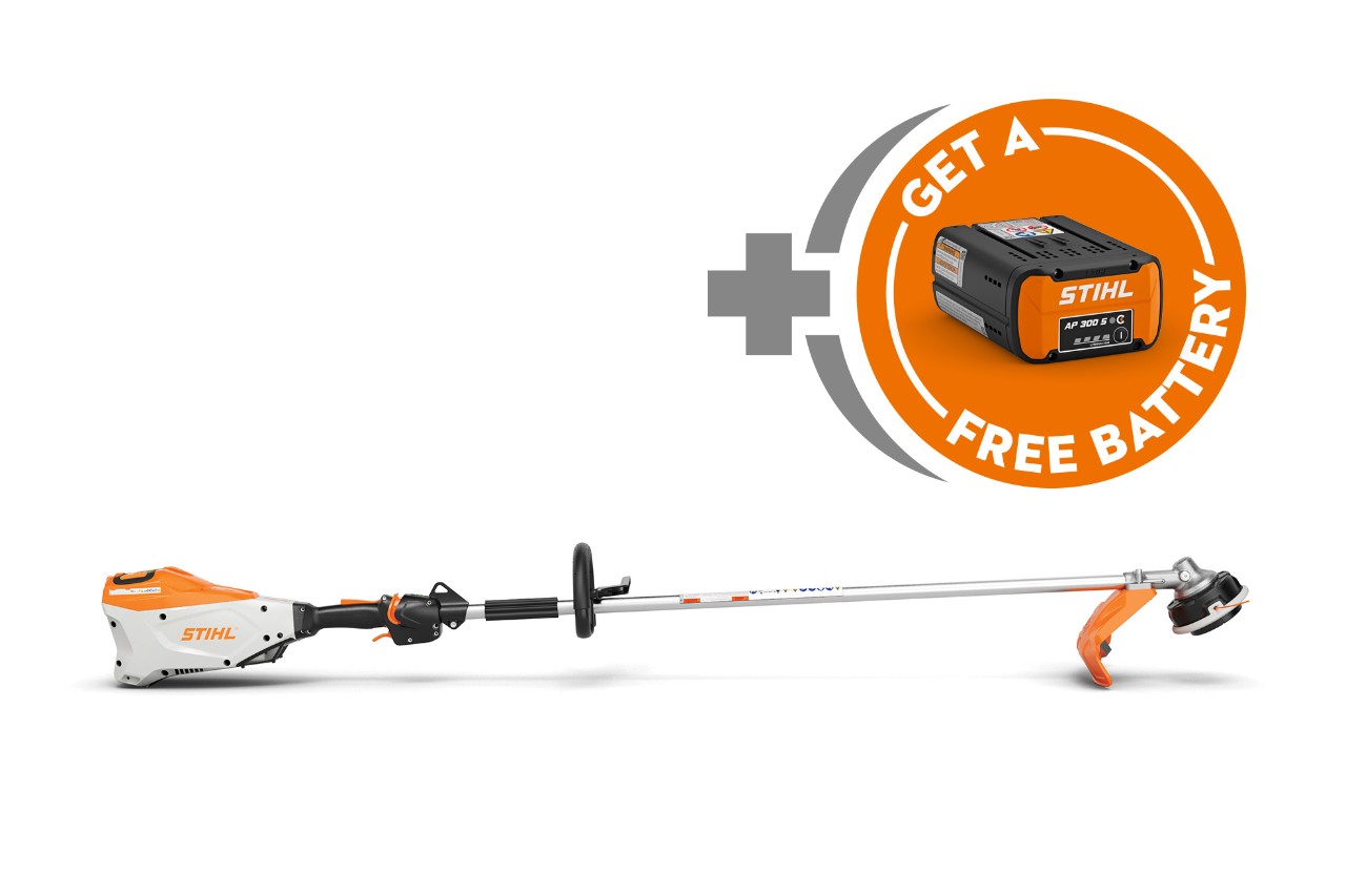STIHL professional battery-powered trimmer displayed with a free AP battery offer.