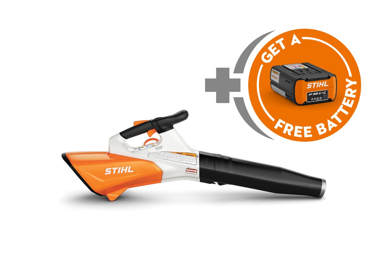 STIHL professional battery-powered blower shown with a free AP battery included.