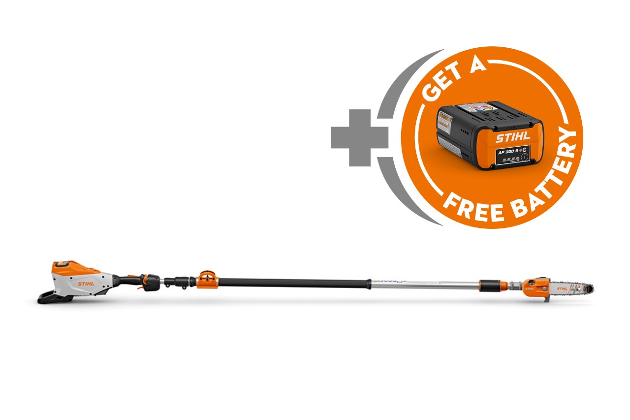 STIHL professional battery-powered pole pruner displayed with a free AP battery included.