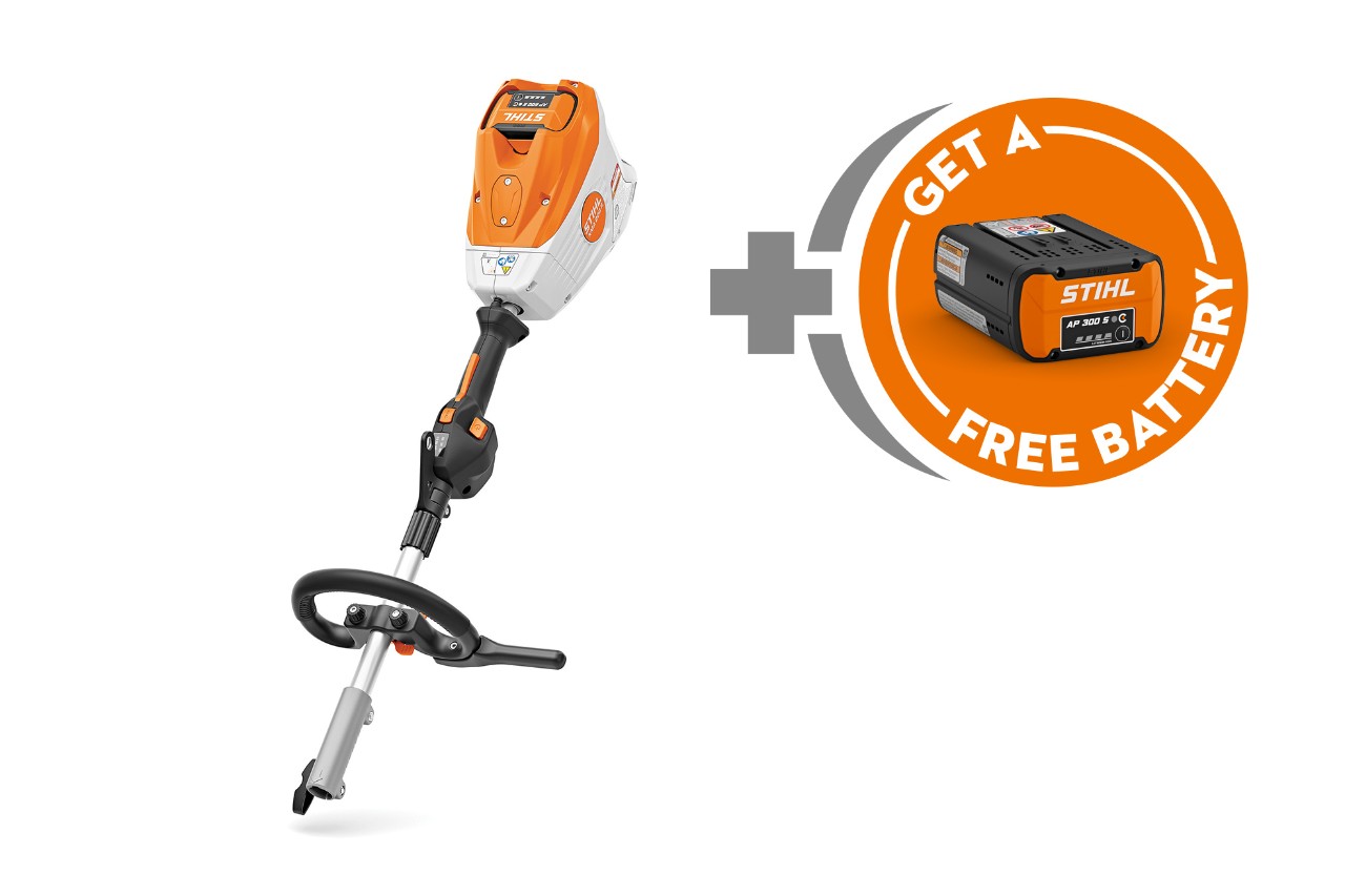 STIHL professional battery-powered KombiSystem tool shown with a free AP battery.