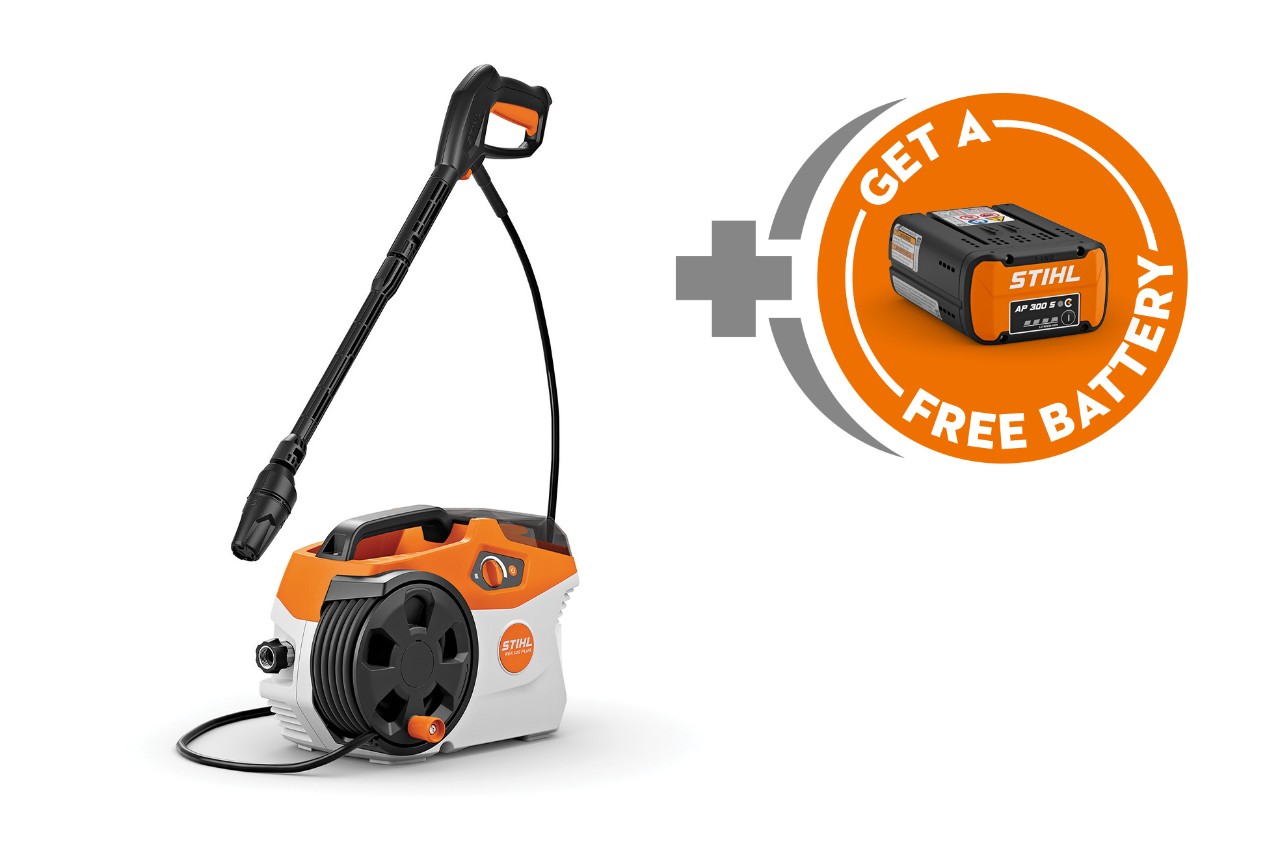 STIHL professional battery-powered pressure washer displayed with a free AP battery.