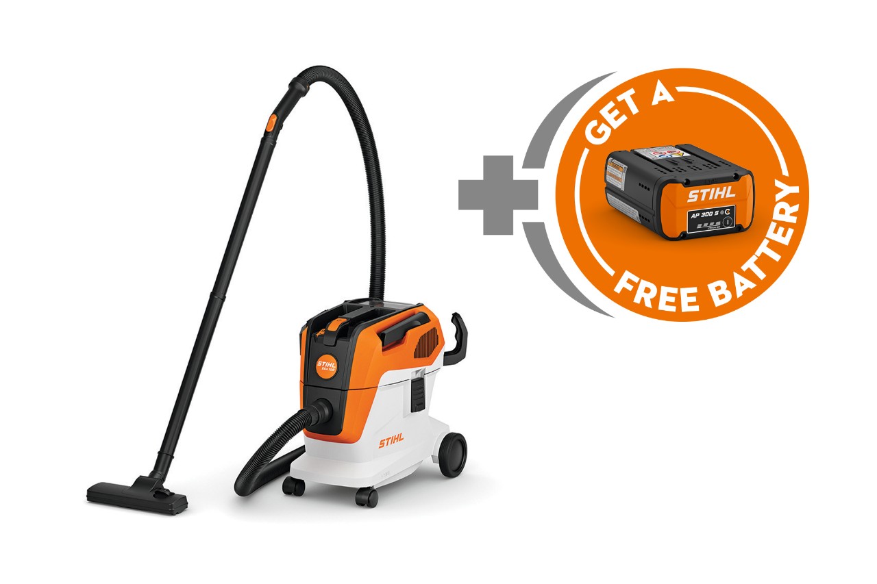 STIHL professional battery-powered wet/dry vacuum shown with a free AP battery offer