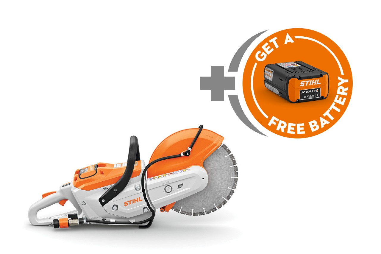 STIHL professional battery-powered cut-off machine shown with a free AP battery included.