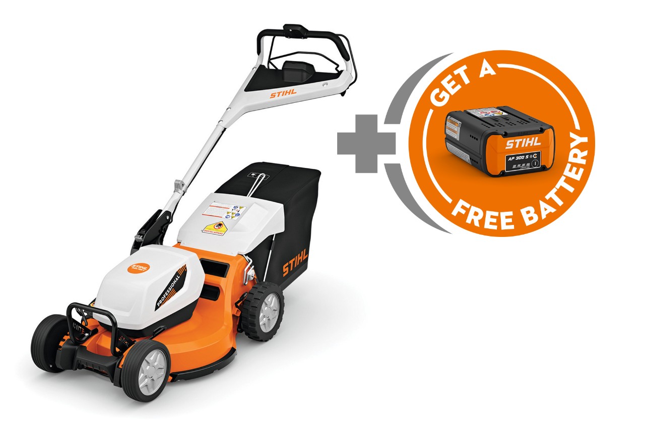 STIHL professional battery-powered push mower displayed with a free AP battery included.
