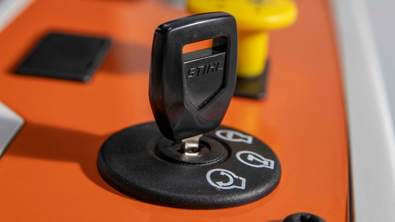 Key in the ReadyStart ignition on a STIHL zero-turn mower.