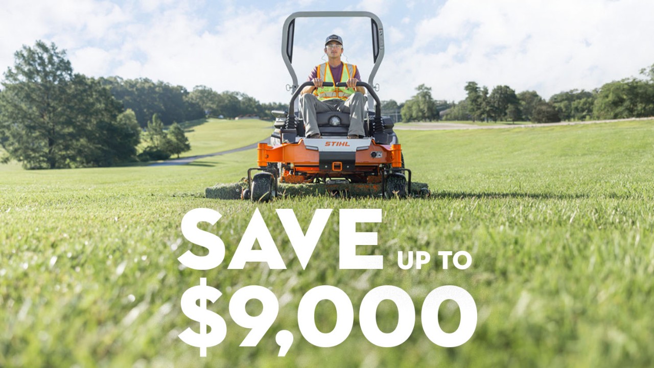 Pro landscaper mowing commercial lawn on STIHL RZA 748 Zero-Turn Mower