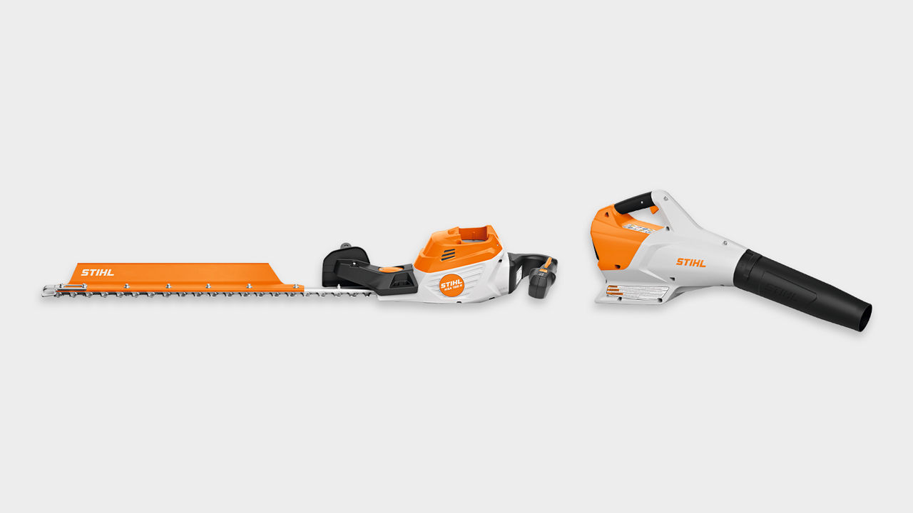 STIHL professional battery powered hedgetrimmer and blower that support grounds crews and parks departments