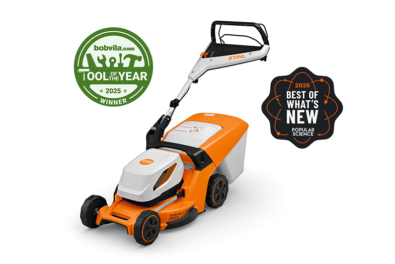 STIHL RMA 448 V battery-powered lawn mower with award badges displayed