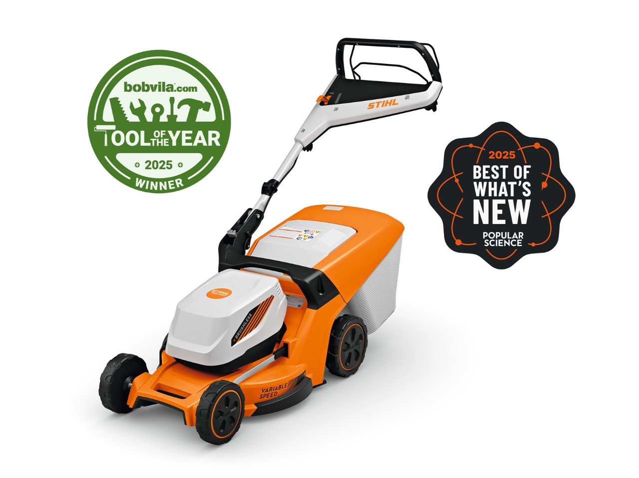 STIHL RMA 448 V battery-powered lawn mower with award badges displayed
