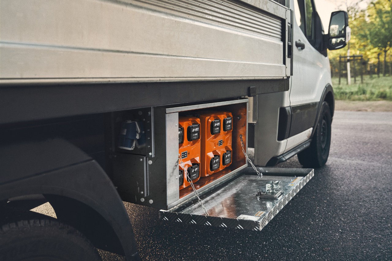STIHL battery charging stations integrated into a service vehicle for mobile fleet operations.