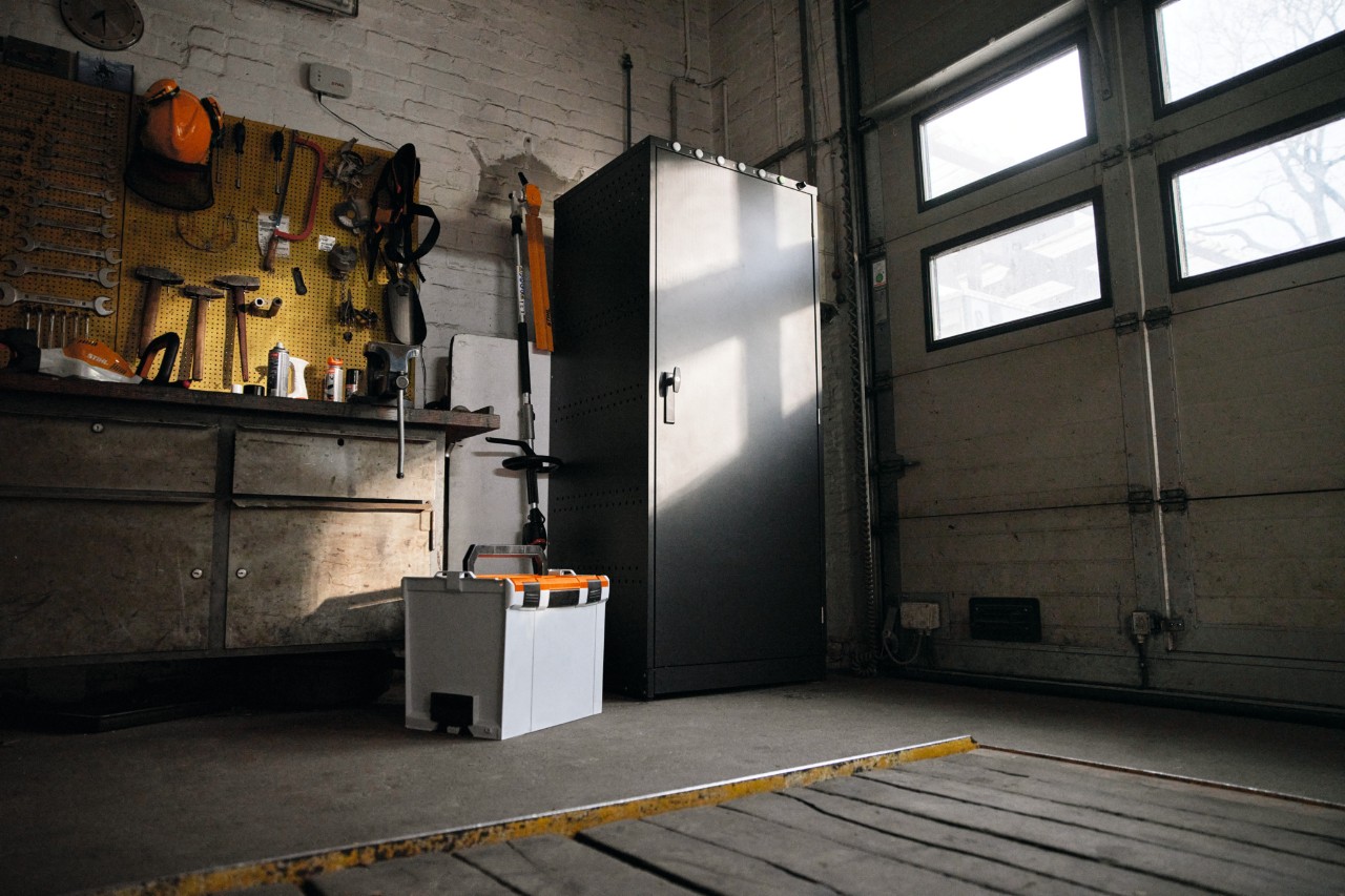 STIHL battery charging cabinet and storage solution for managing professional battery fleets.